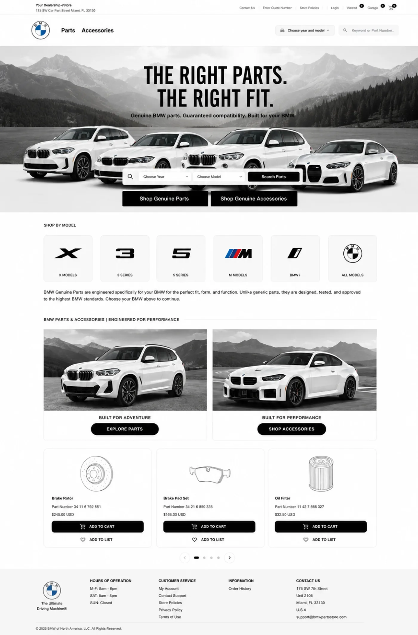 Illustrative BMW-branded OEM parts storefront template with vehicle search, parts categories, and product cards.